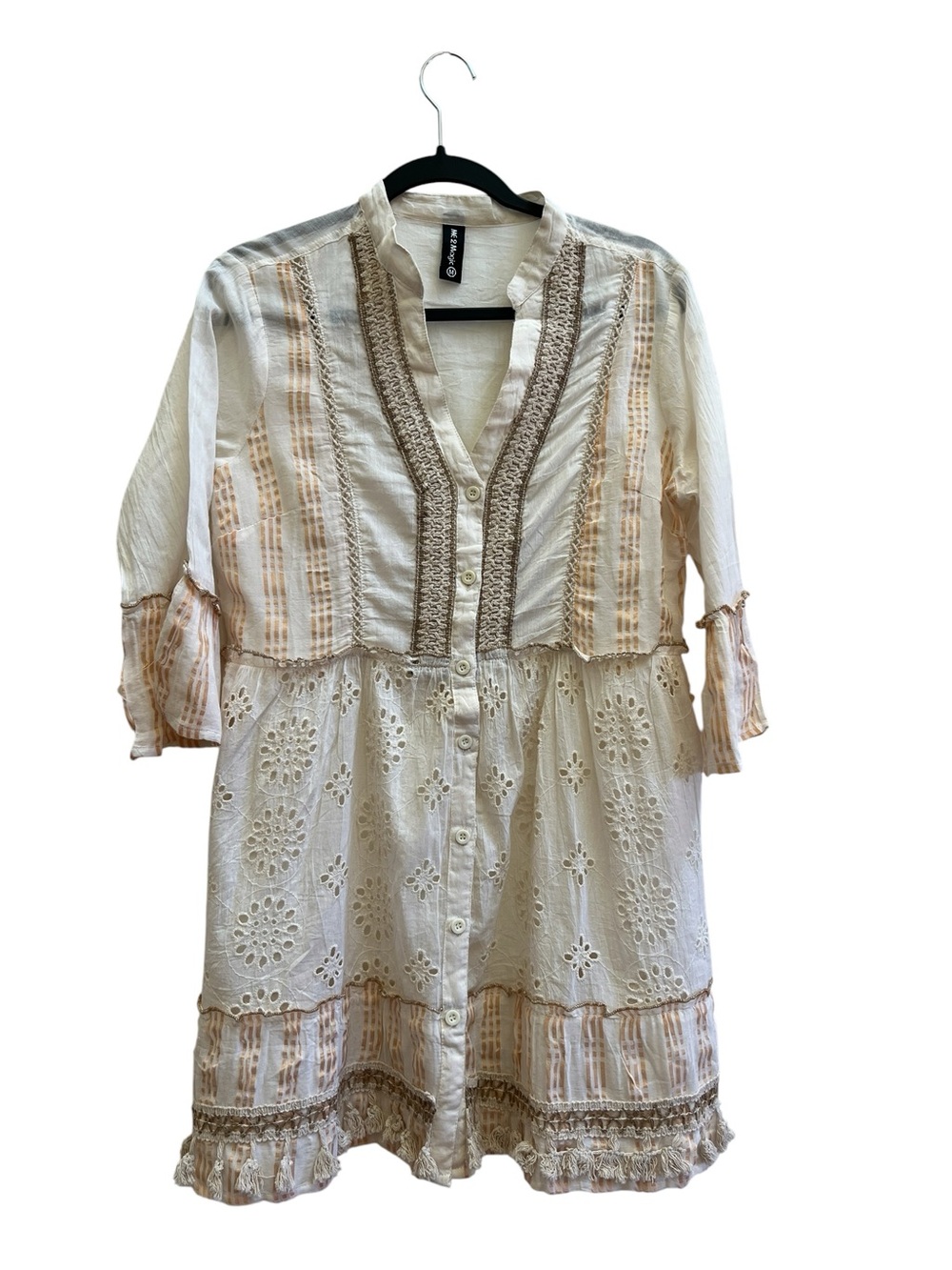 Me2Magic Anthropologie Ivory Boho Eyelet Crochet Tunic Dress M Unlined Festival - Picture 2 of 8